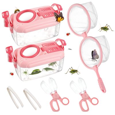 2Sets Bug Catcher for Kids- Sturdy Kids Bug Catching Kit Gifts with Collector Butterfly Net Tweezer, Bugs Habitat Outdoor Explorer Kit for Age 3 4 5 6 7 8, 8Pcs, Pink