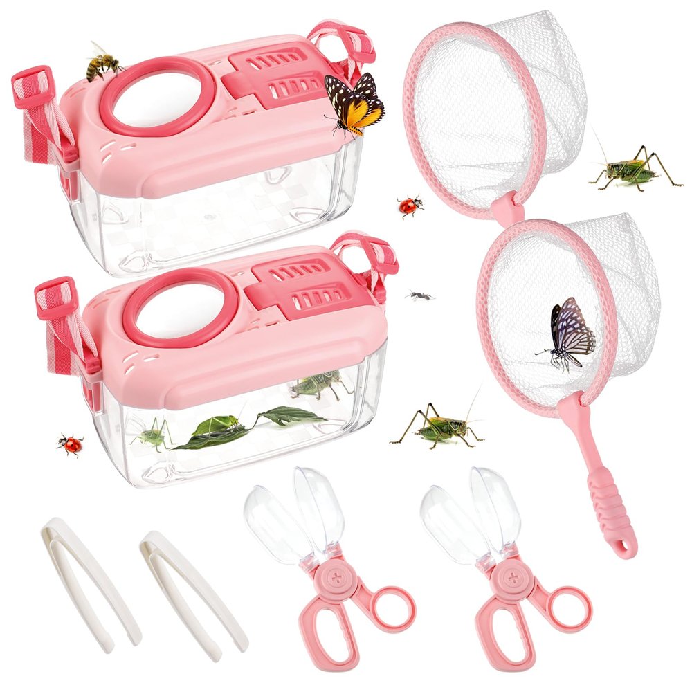 2Sets Bug Catcher for Kids- Sturdy Kids Bug Catching Kit Gifts with Collector Butterfly Net Tweezer, Bugs Habitat Outdoor Explorer Kit for Age 3 4 5 6 7 8, 8Pcs, Pink