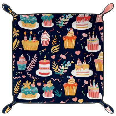 Cartoon Birthday Cake Microfiber Leather Dice Trays Folding for RPG DND Table Games, Leather Dice Holder Storage Box Portable Folding Rolling Dice Tray, 16x16cm