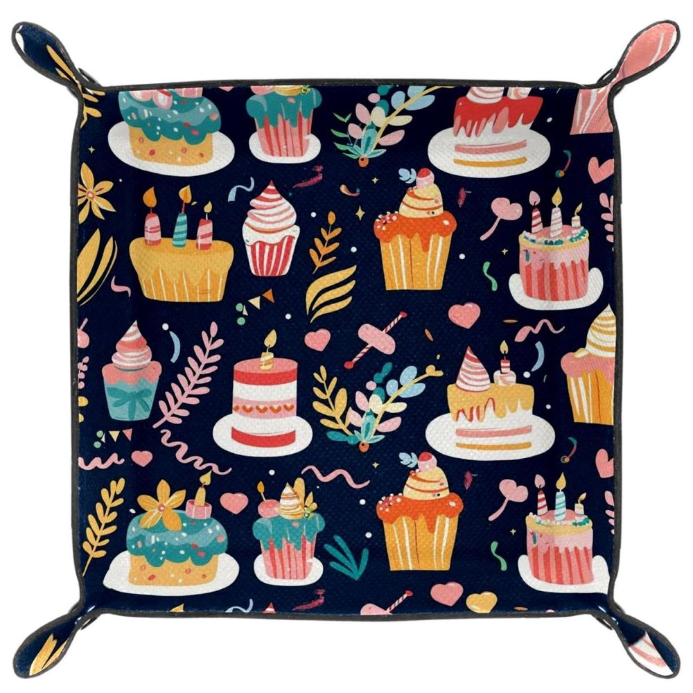 Cartoon Birthday Cake Microfiber Leather Dice Trays Folding for RPG DND Table Games, Leather Dice Holder Storage Box Portable Folding Rolling Dice Tray, 16x16cm