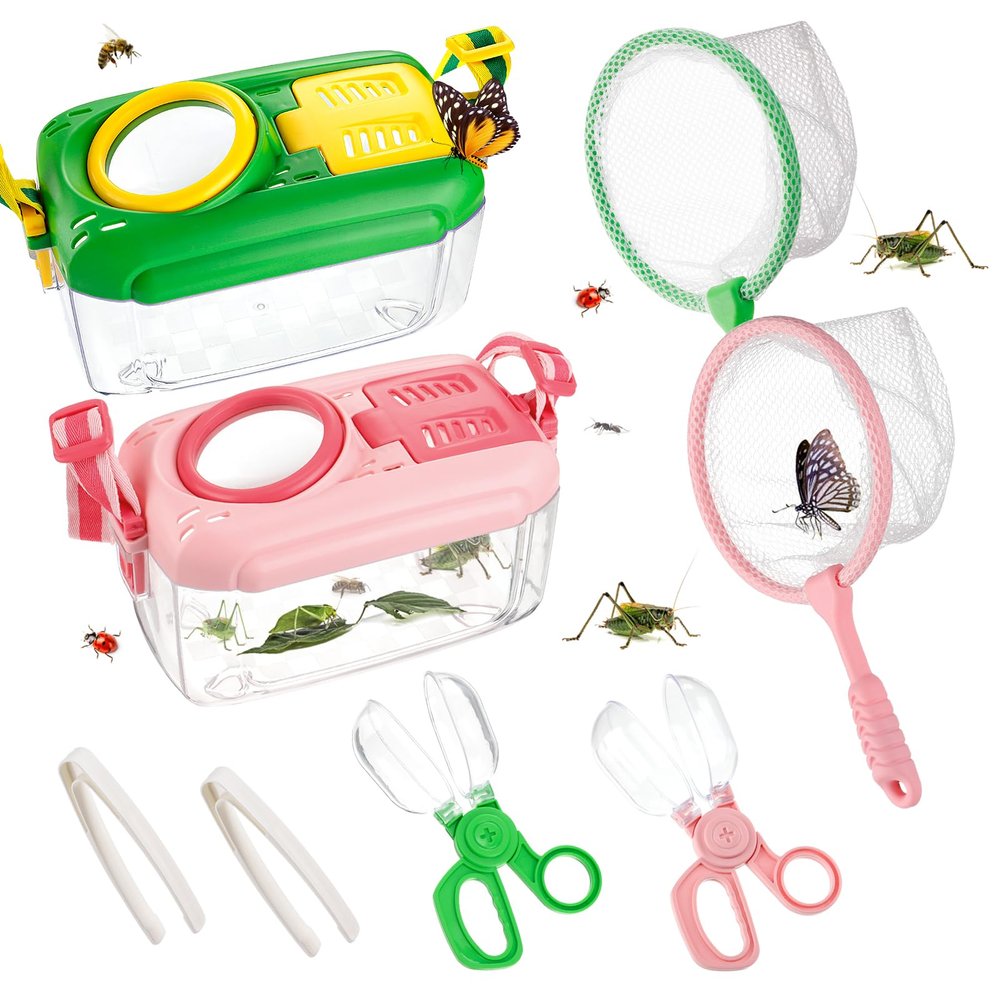 2Sets Bug Catcher for Kids - Sturdy Kids Bug Catching Kit Gifts with Collector Butterfly Net Tweezer, Bugs Habitat Outdoor Explorer Kit for Age 3 4 5 6 7 8, 8Pcs, Green & Pink