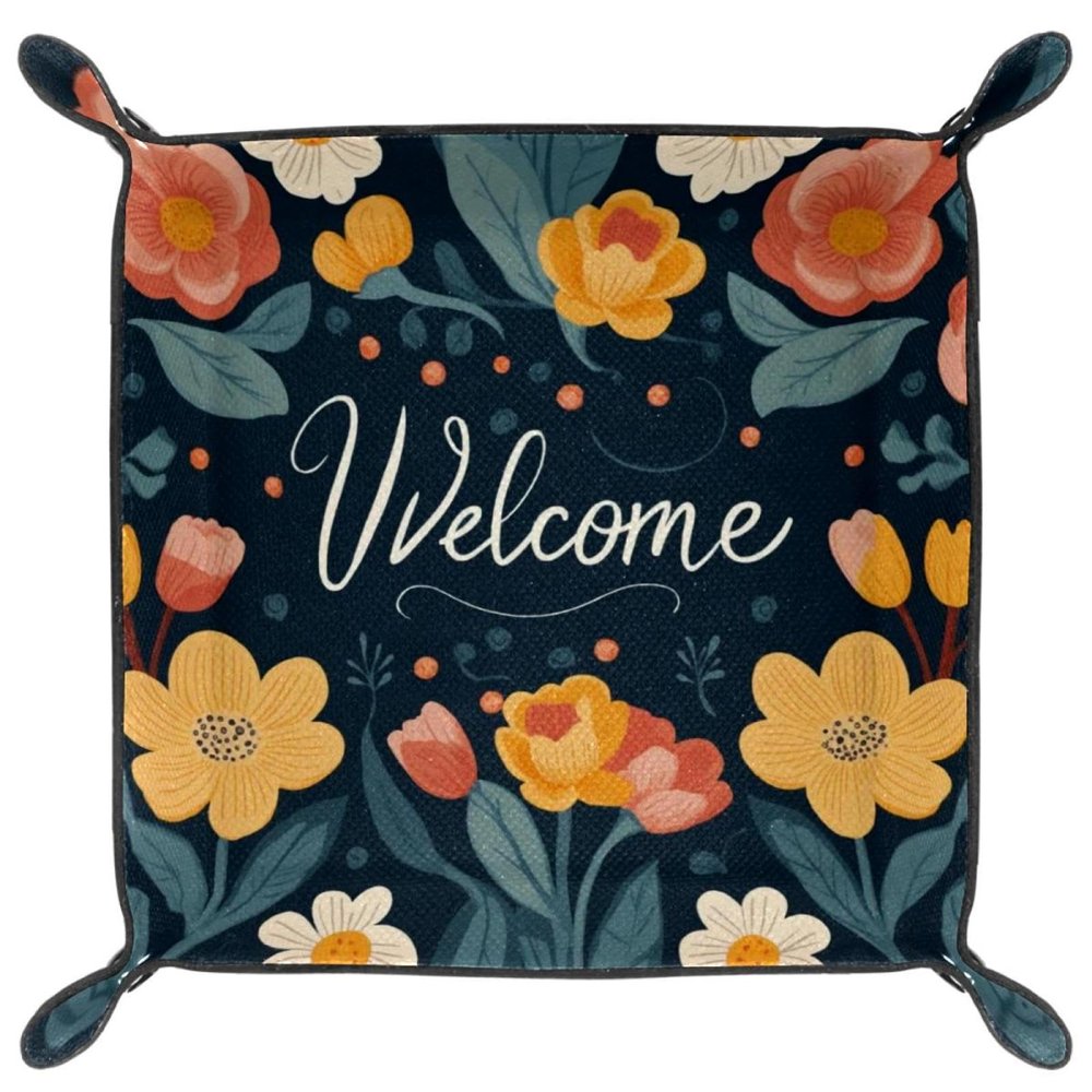 Flowers Welcome Microfiber Leather Dice Trays Folding for RPG DND Table Games, Leather Dice Holder Storage Box Portable Folding Rolling Dice Tray, 20.5x20.5cm