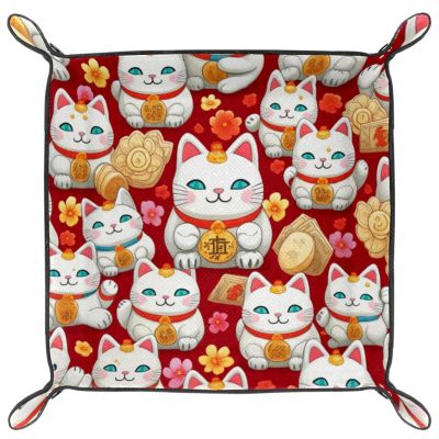 Cute Lucky Cat Pattern Microfiber Leather Dice Trays Folding for RPG DND Table Games, Leather Dice Holder Storage Box Portable Folding Rolling Dice Tray, 16x16cm