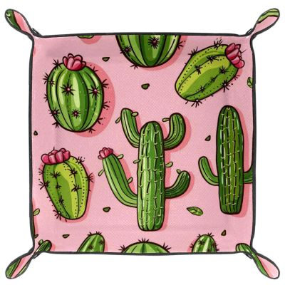 Pink Cactus Microfiber Leather Dice Trays Folding for RPG DND Table Games, Leather Dice Holder Storage Box Portable Folding Rolling Dice Tray, 20.5x20.5cm