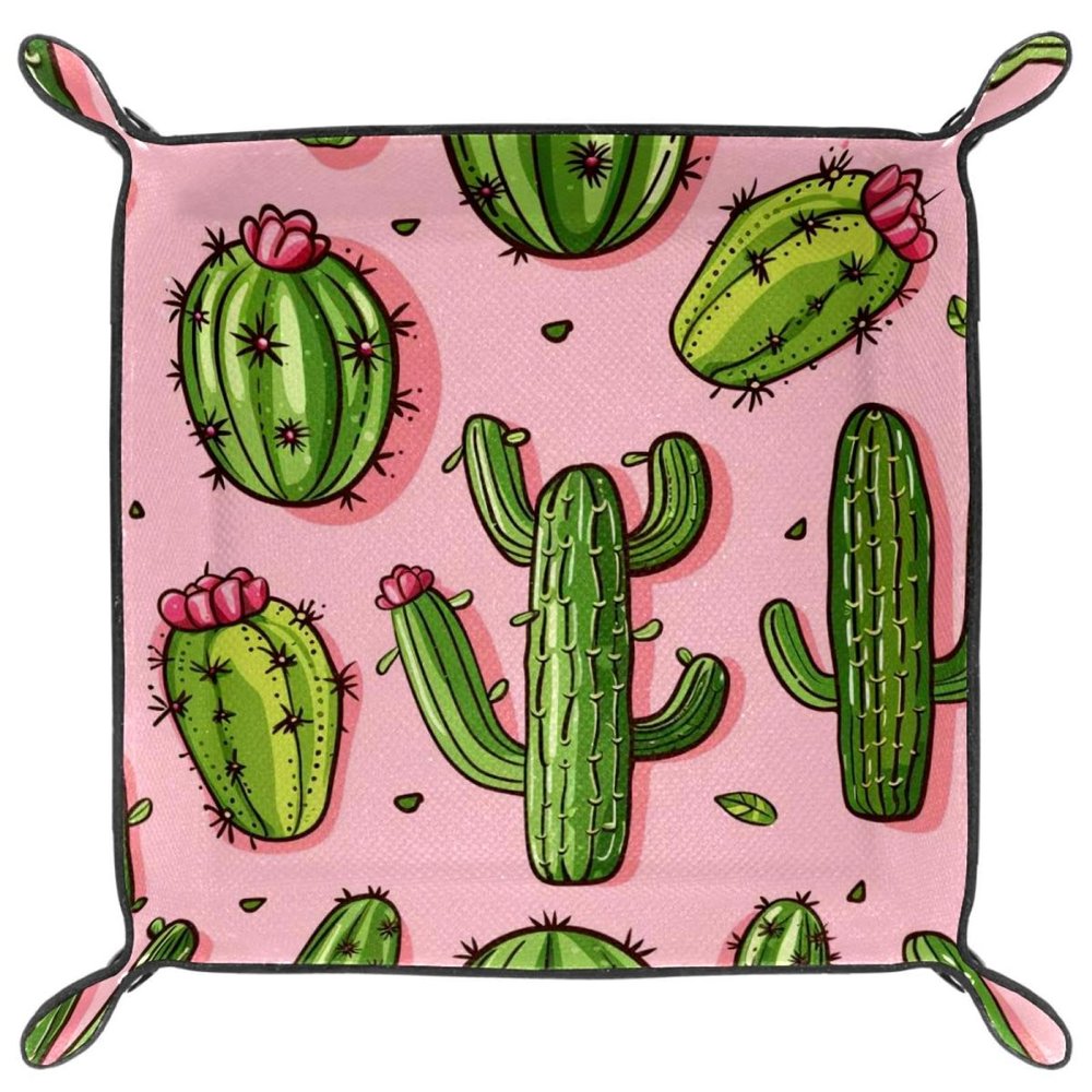 Pink Cactus Microfiber Leather Dice Trays Folding for RPG DND Table Games, Leather Dice Holder Storage Box Portable Folding Rolling Dice Tray, 20.5x20.5cm