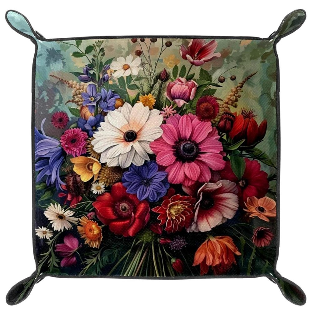 Bouquet of Flowers Microfiber Leather Dice Trays Folding for RPG DND Table Games, Leather Dice Holder Storage Box Portable Folding Rolling Dice Tray, 20.5x20.5cm