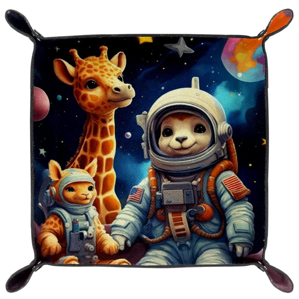 Astronaut Animals Microfiber Leather Dice Trays Folding for RPG DND Table Games, Leather Dice Holder Storage Box Portable Folding Rolling Dice Tray, 20.5x20.5cm