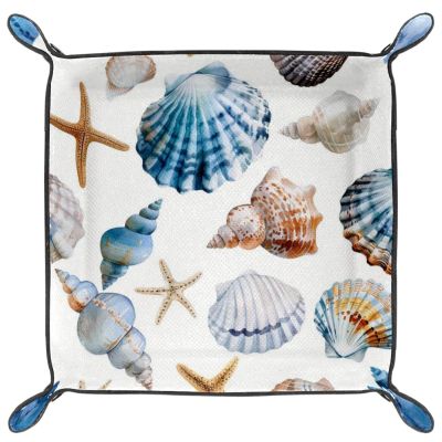 FESH Seashell Pattern Microfiber Leather Dice Trays Folding for RPG DND Table Games, Leather Dice Holder Storage Box Portable Folding Rolling Dice Tray, 16x16cm
