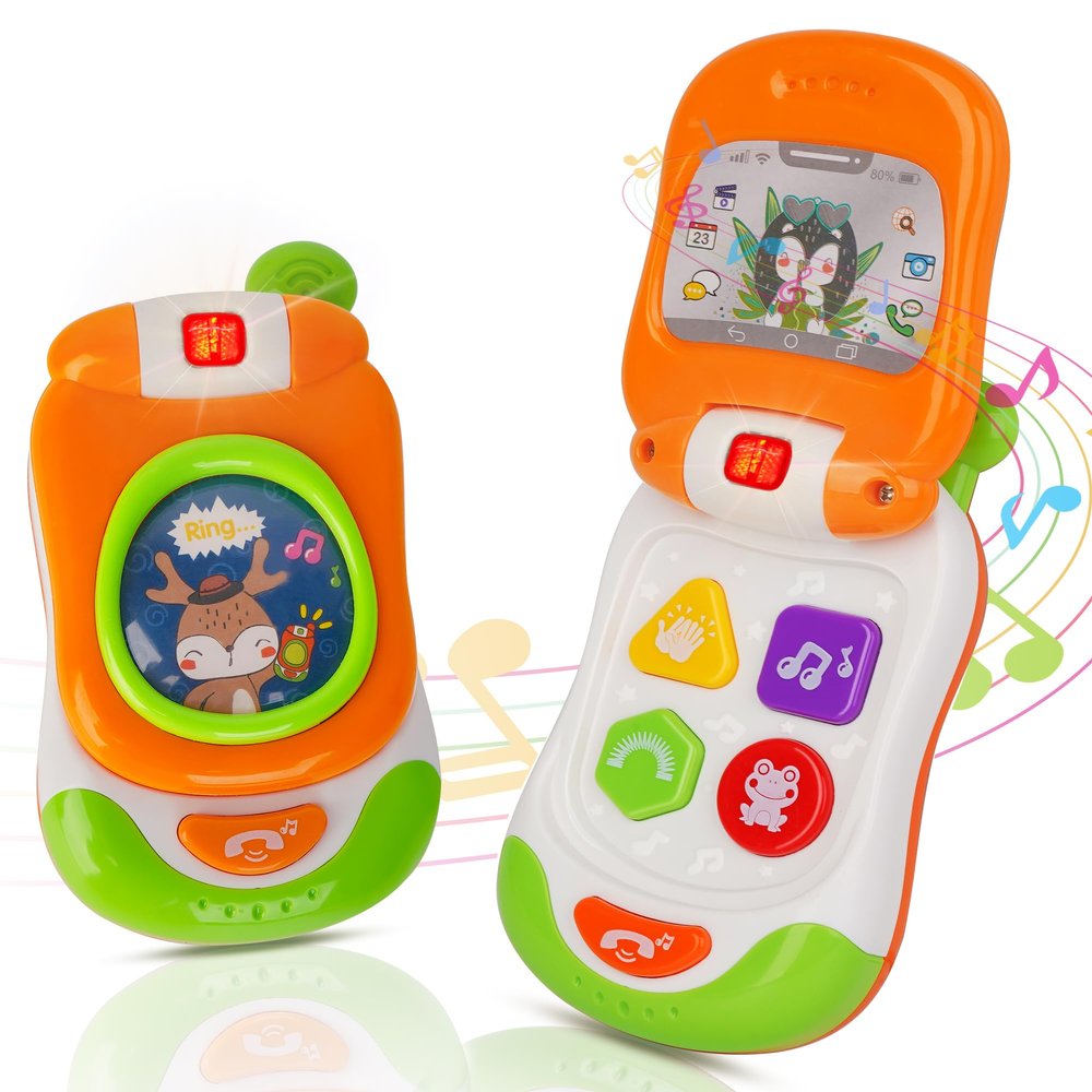 Baby Cell Phone Toy with musicial and Light, Flip Phone Educational Toddler Toys (Orange)