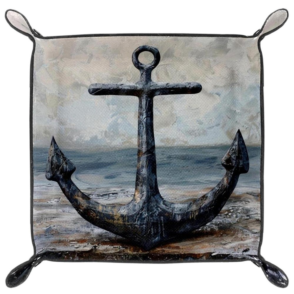 Anchor Print Microfiber Leather Dice Trays Folding for RPG DND Table Games, Leather Dice Holder Storage Box Portable Folding Rolling Dice Tray, 16x16cm