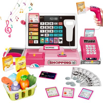 VOPOGLNE Cash Register Playset Toy for Kids, Real Calculator Register, Pretend Play Store with Music, Scanner, Play Money, Food, Preschool Learning Toy Playset Gift (Pink)