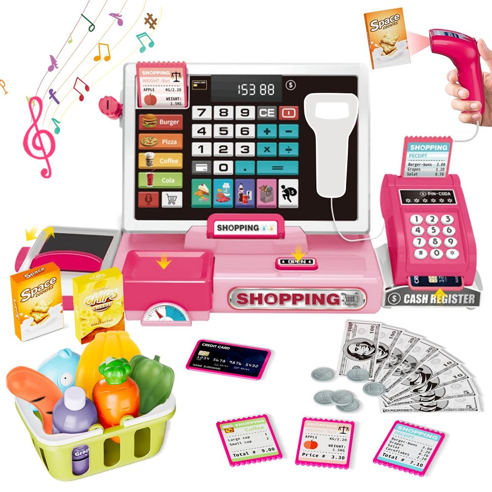 VOPOGLNE Cash Register Playset Toy for Kids, Real Calculator Register, Pretend Play Store with Music, Scanner, Play Money, Food, Preschool Learning Toy Playset Gift (Pink)