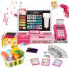 VOPOGLNE Cash Register Playset Toy for Kids, Real Calculator Register, Pretend Play Store with Music, Scanner, Play Money, Food, Preschool Learning Toy Playset Gift (Pink) view 1
