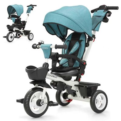 EOOWOY Toddler Tricycle with Push Handle, 7 in 1 Stroller Trike with 360 Swivel Seat, Reclining Backrest, All-Terrain Wheels, Dual Brakes, Canopy & Storage, Gift for Kids 18 Months to 5 Years, Green