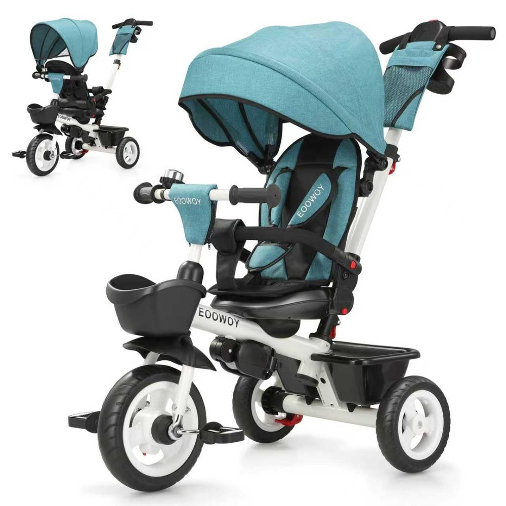 EOOWOY Toddler Tricycle with Push Handle, 7 in 1 Stroller Trike with 360 Swivel Seat, Reclining Backrest, All-Terrain Wheels, Dual Brakes, Canopy & Storage, Gift for Kids 18 Months to 5 Years, Green