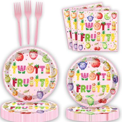 80 Pcs Twotti Frutti Birthday Decorations Summer Fruit Two Years Old Disposable Paper Dinner Plates Napkins Forks Dinnerware for Luau Fruit Theme 2nd Birthday Party Decorations Supplies