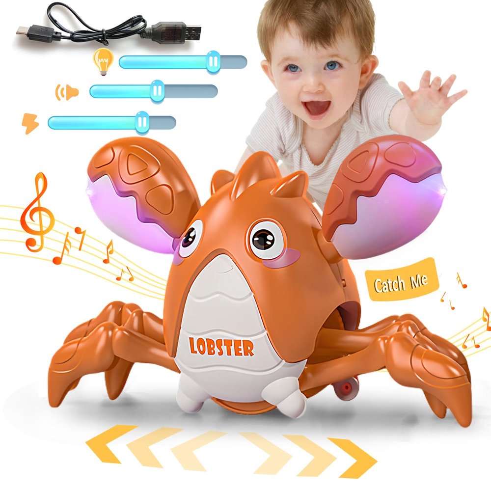 Gzsbaby Musical Baby Toy -Crawling Lobster Toy Sensory Tummy Time Toys for Boy Girl, Light-up Walking Dancing Moving Toys Learning Development Infant Toddler Birthday Gifts (Green) (Orange)