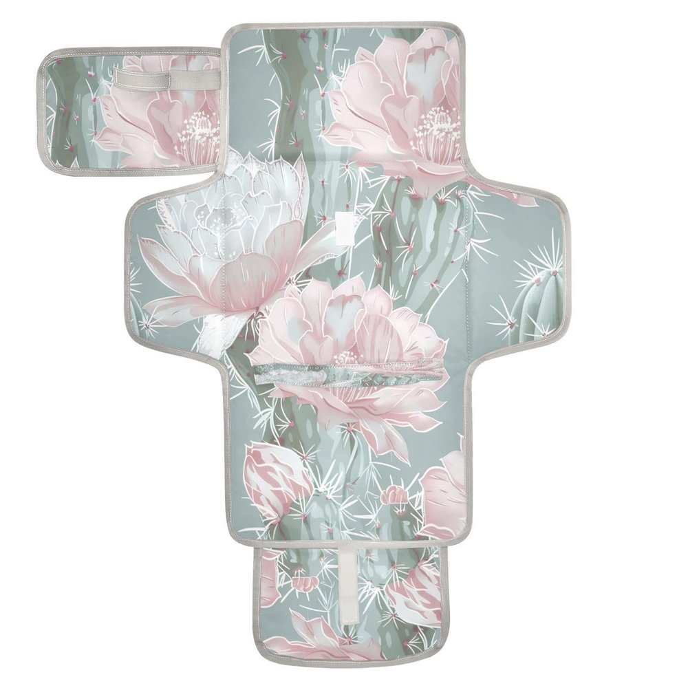 WELLDAY Cactus Flowers Baby Changing Pad - Waterproof Diaper Changing Pad with Built-in Pillow - Portable Travel Changing Mat for Newborn Girl & Boy