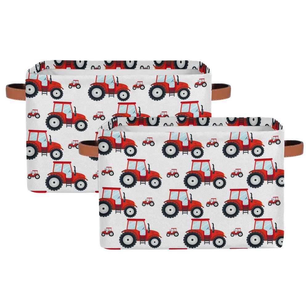 OMFUNS Red Tractor Rectangle Storage Basket Truck Car Foldable Storage Bin Cubes with Handles Large Organizer Bins Boxes Toy Closet Shelf Nursery Laundry Basket Home Decor