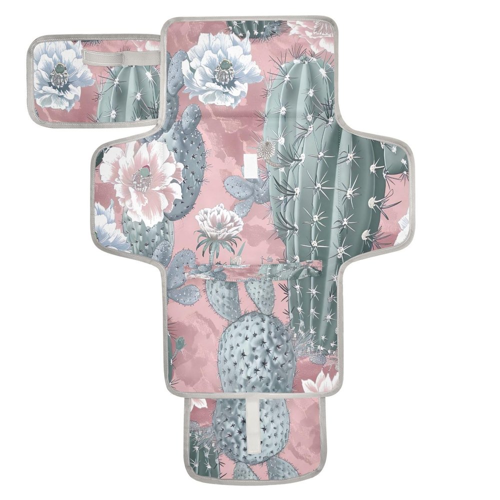 WELLDAY Cactus Pattern Pink Baby Changing Pad - Waterproof Diaper Changing Pad with Built-in Pillow - Portable Travel Changing Mat for Newborn Girl & Boy