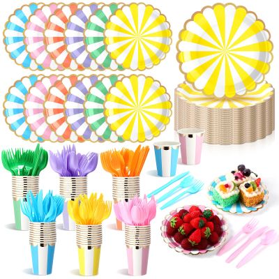 Mimorou 300 Pcs Pastel Scalloped Paper Plates Disposable Macaron Party Plates 7 Inch Gold Edge Colorful Dinnerware Set Striped Pastel Rainbow Tableware for Wedding Birthday Baby Shower Party Supplies
