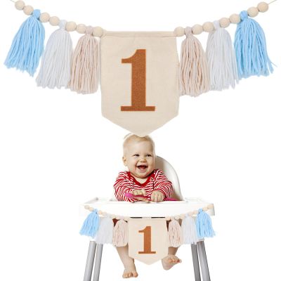 1st Birthday High Chair Banner, Wood Bead Highchair Tassel Banner Boho Style Birthday Photo Backdrop Wall Hangings for Kids Birthday Party Decoration