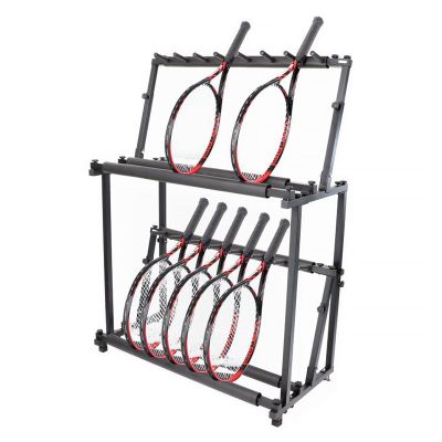 DOUYUANSHI Racket Storage Rack, 2 Tier Freestanding Racket Rack for Tennis/Badminton Rackets, Black Steel Musical Instrument Storage Rack for Violins/Guitars, Height Adjustable