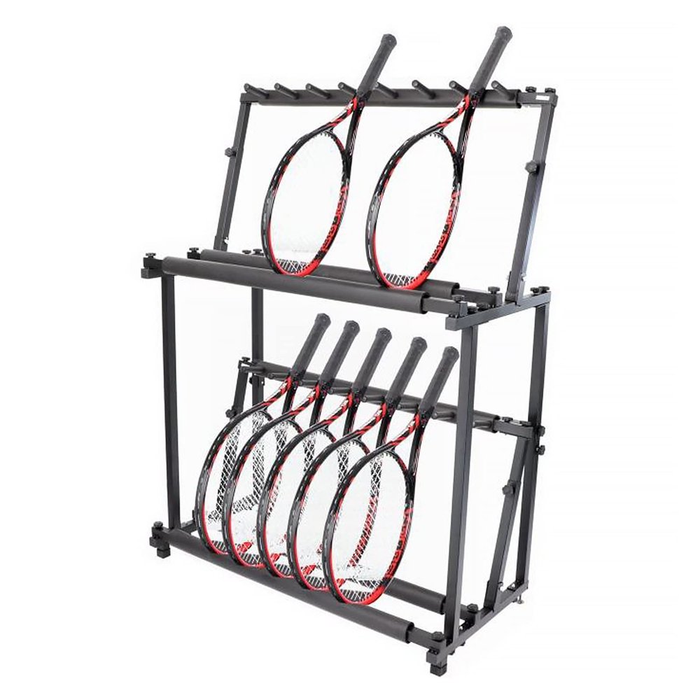 DOUYUANSHI Racket Storage Rack, 2 Tier Freestanding Racket Rack for Tennis/Badminton Rackets, Black Steel Musical Instrument Storage Rack for Violins/Guitars, Height Adjustable