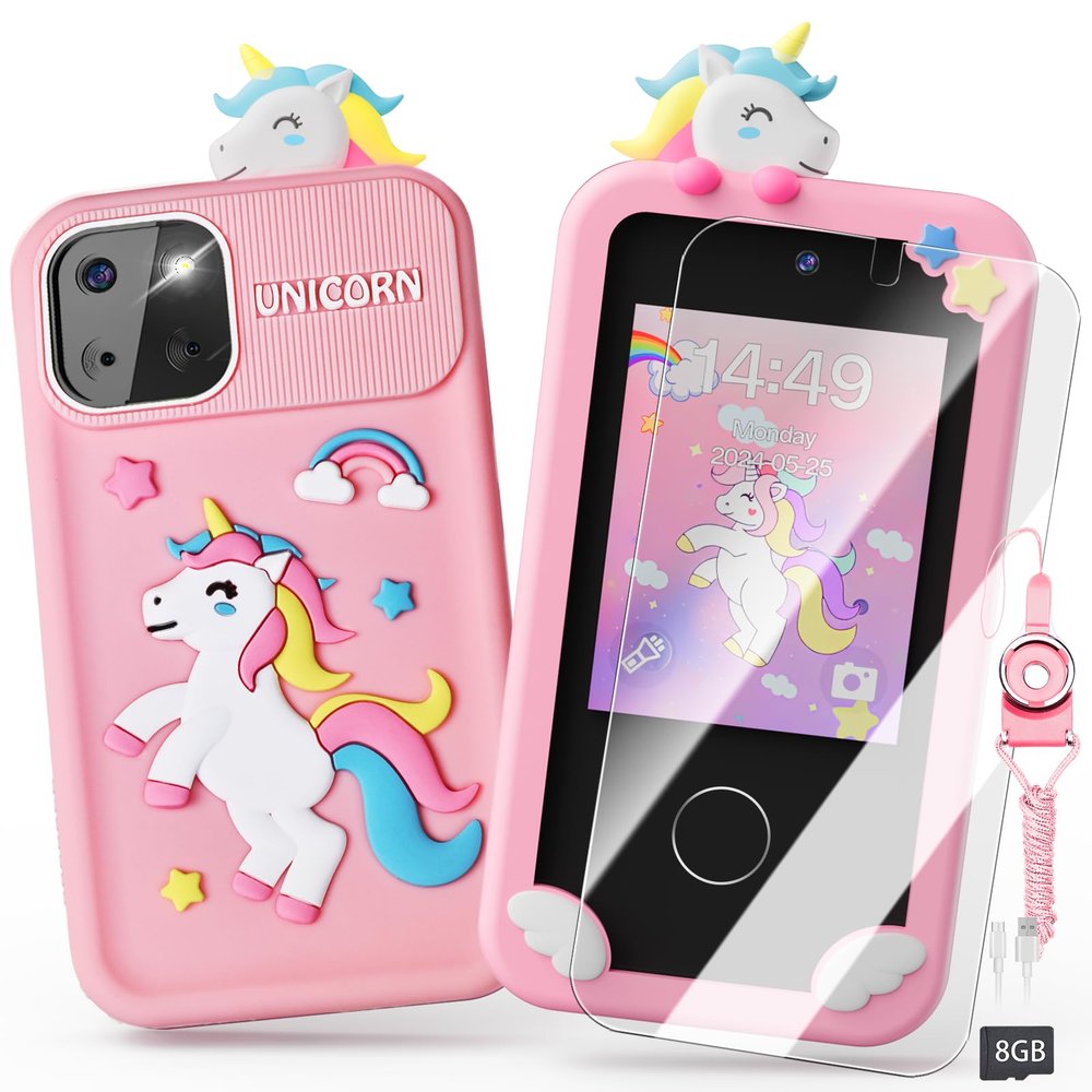 Luyiilo Kids Smart Phone Toys for Girls,Unicorn Gift Toys for Girls Ages 3-9 Christmas Birthday Gifts Mini Smart Phone Toys With 2.8" Touchscreen 16 Learning Games Dual Camera Music Player, 8G SD Card