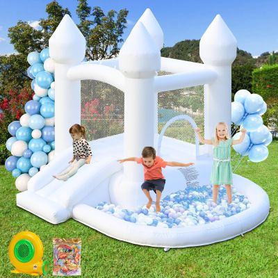 FOOING White Bounce House, Inflatable Bounce House with Air Blower, Jumping Castle House with Ball Pit for Party, Wedding, Backyard Easy to Set Up, Safe for Family