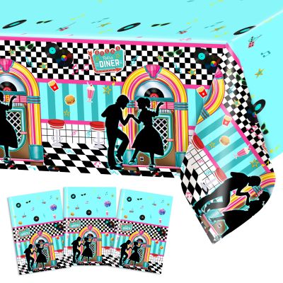 Avezano 3 pcs 50s Tablecloth 1950s Party Decorations Rock Roll Table Cover Large Plastic Tablecloth Birthday Rocking Party Supplies for Music Anniversary Party, 108x54 Inch