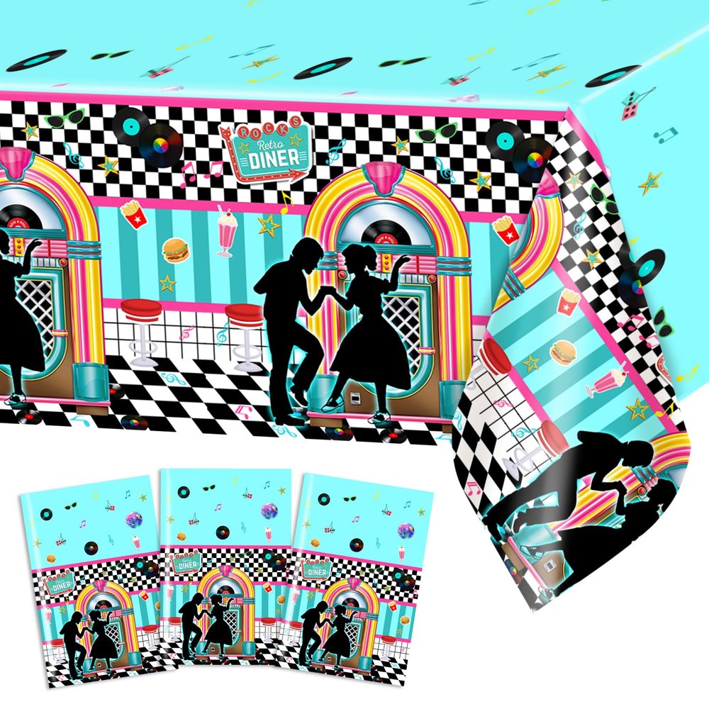 Avezano 3 pcs 50s Tablecloth 1950s Party Decorations Rock Roll Table Cover Large Plastic Tablecloth Birthday Rocking Party Supplies for Music Anniversary Party, 108x54 Inch