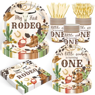 120PCS My First Rodeo Party Supplies Wild West Dinnerware Party Decorations for Boys Kids 1st Birthday Western Cowboy Themed Party Paper Plates Napkins Forks Serves 20 Guests