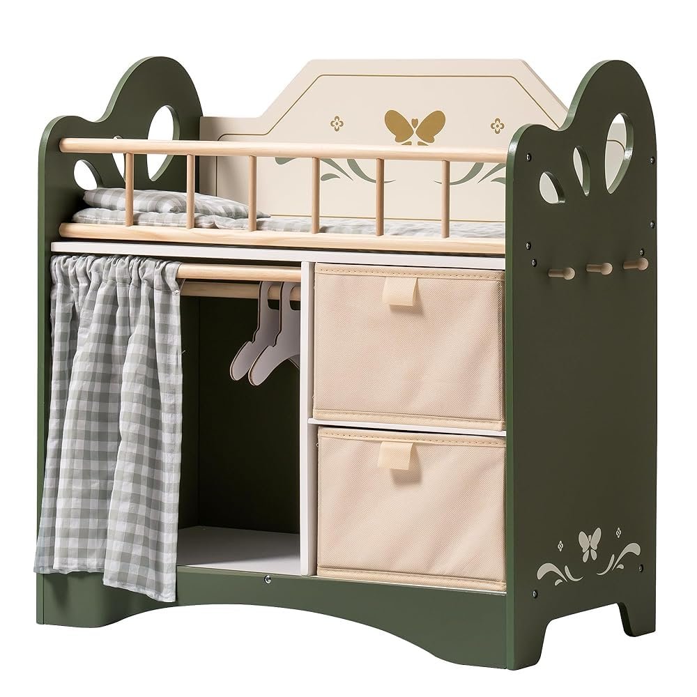 ROBUD Baby Doll Bed,Doll Bed with Storage and Bedding, Sturdy Baby Doll Cribs for Girls,Nice Gift of Doll Beds for 18 Inch Dolls to Children, Green