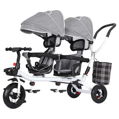 4 in 1 Children Trike 360rotated Seats with Storage Basket,Baby Tricycle with Foldable Pedals with Removable PushHandle and Canopy for Kids Double Ride Toys,Gray