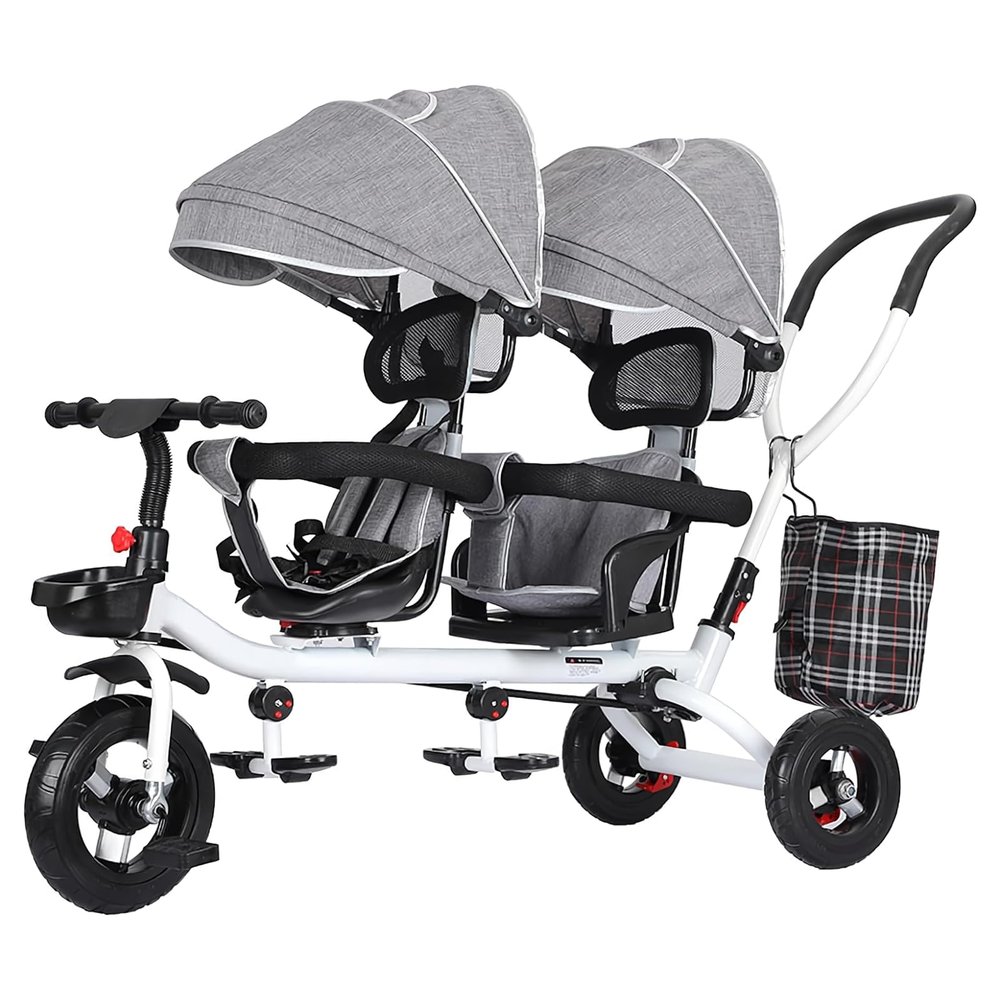 4 in 1 Children Trike 360rotated Seats with Storage Basket,Baby Tricycle with Foldable Pedals with Removable PushHandle and Canopy for Kids Double Ride Toys,Gray