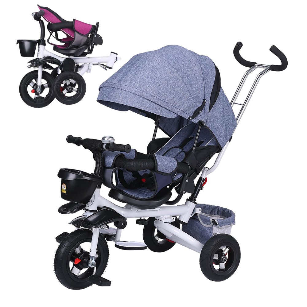 JIYIAN 4 in 1 Foldable Kid Stroller Trike,Baby Tricycle Detachable Push Car Bike W/Push Handle,Removable Canopy Rotatable Seat Push Tricycle for Toddlers,Gray,Style 1
