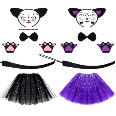 Eurzom 2 Set Cat Costume Set for Kids Include Cat Ear Headband Tutu Skirt Bowtie Paw Gloves Tail Girl Cosplay for Halloween(Black, Purple)