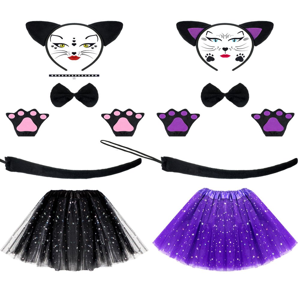 Eurzom 2 Set Cat Costume Set for Kids Include Cat Ear Headband Tutu Skirt Bowtie Paw Gloves Tail Girl Cosplay for Halloween(Black, Purple)