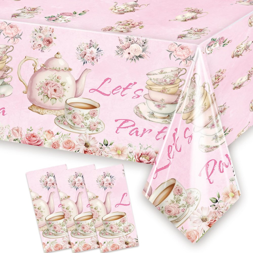 3 Pcs Pink Floral Tea Tablecloth 54'' x 108'' Let's Par Tea Table Cover for Teapots Teacups Theme Girls Par Tea Baby Shower Floral Birthday Engagement Bachelorette Party Table Supplies Decorations