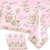 3 Pcs Pink Floral Tea Tablecloth 54'' x 108'' Let's Par Tea Table Cover for Teapots Teacups Theme Girls Par Tea Baby Shower Floral Birthday Engagement Bachelorette Party Table Supplies Decorations view 1