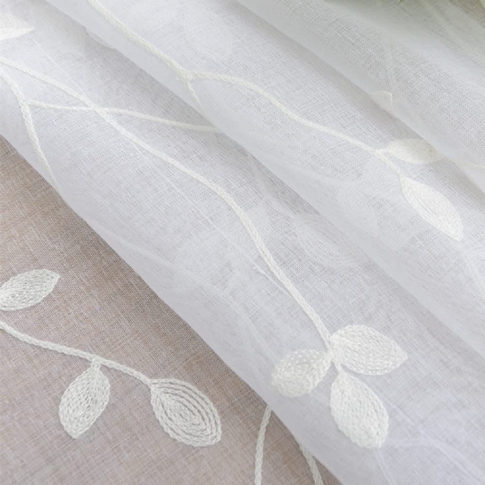 HooHero White 54 Wide Sheer Curtains Living Kids NurseryRoom Bedroom White Embroidered Branches Leaves Curtians