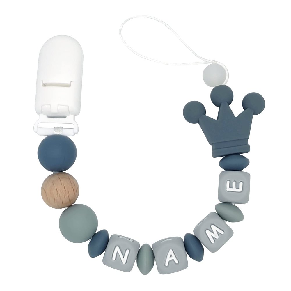 Personalized Pacifier Clip with Name for Crown Girls Customized (Grey)
