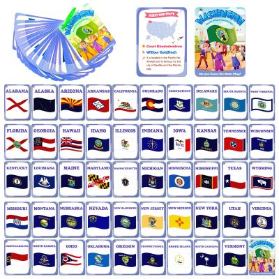 50PCS American State Flag Cognitive Cards for Kids,America State Flag Identification Flash Cards, Portable Waterproof US State Flag Learning Flashcards