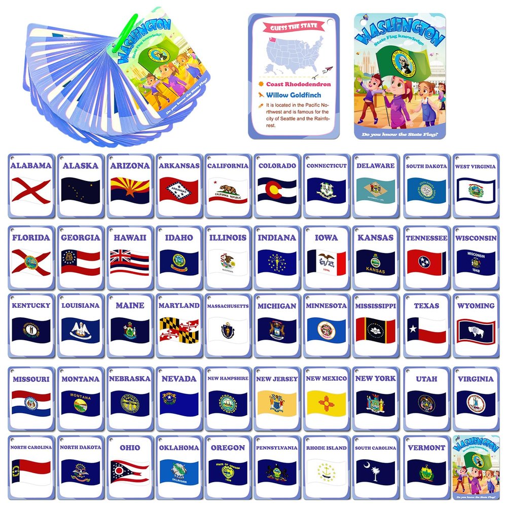 50PCS American State Flag Cognitive Cards for Kids,America State Flag Identification Flash Cards, Portable Waterproof US State Flag Learning Flashcards