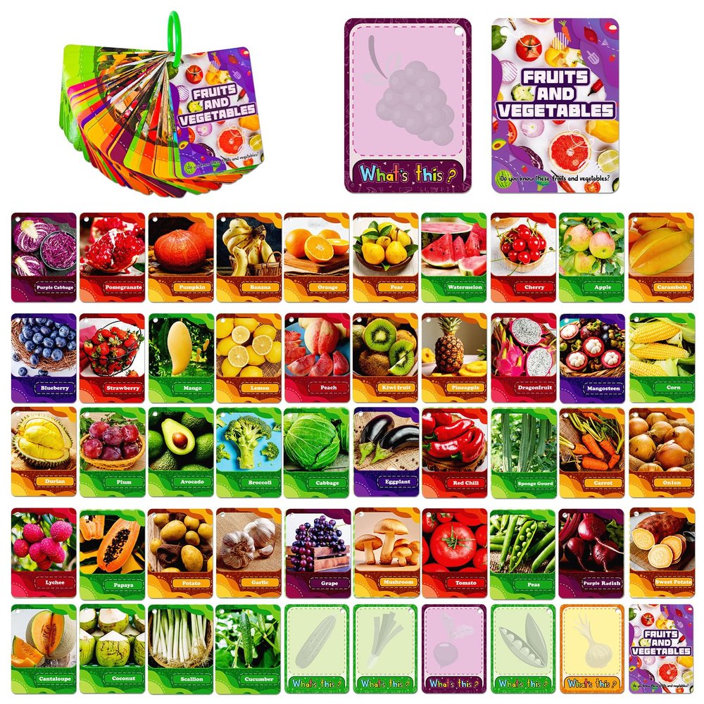 45Pcs Fruits and Vegetables Cognitive Cards,Realistic Fruit and Vegetable Cognitive Pictures Flash Cards, Portable Waterproof Flashcards