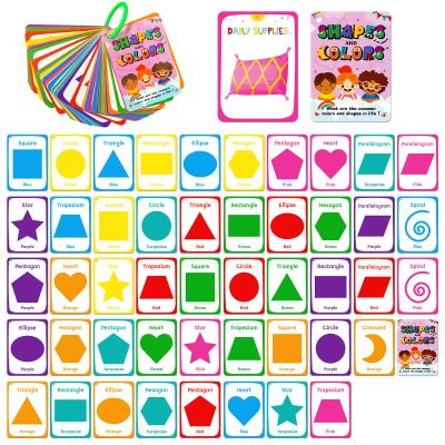 49PCS Shapes and Colors Cognitive Cards, Colour Flash Cards,Portable Waterproof Geometry Learning Flashcards