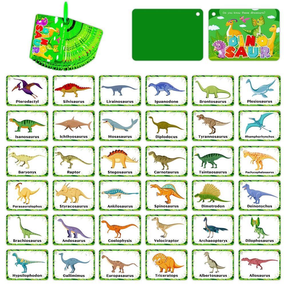 37PCS Dinosaur Cognitive Cards, Cartoon Dinosaurs Flash Cards,Portable Waterproof Jurassic Dinosaur Learning Flashcards