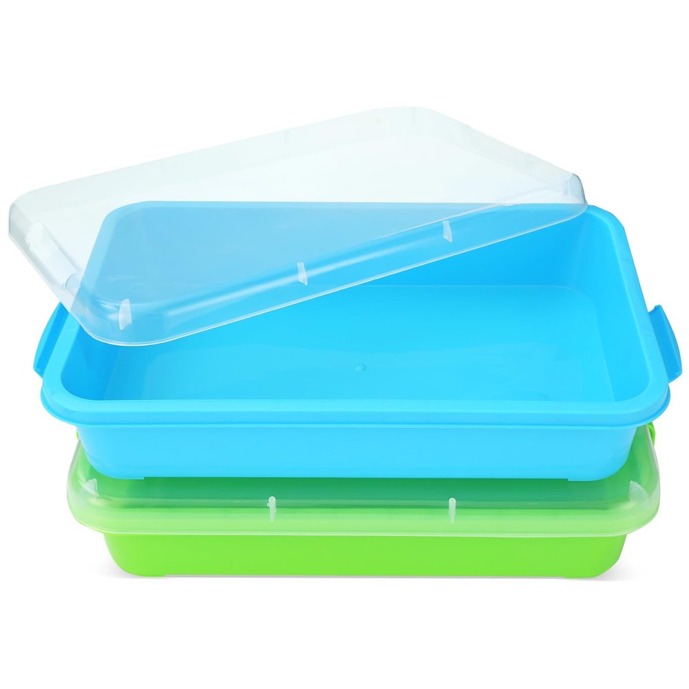 Sensory Bin Sand Tray with Lid for Toddlers 2 Pcs 15in Portable Sandbox Toy Large Plastic Tray for Kids 3 4 5 6 Fill with Sand, Water, Beads, and More (Green+Blue)