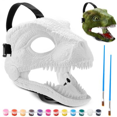 Seenelling 2 Pcs DIY White Hard Plastic Dino Mask Moving Jaw Kit with Paint, Dinosaur Mask, T-rex, Jurassic for Kids